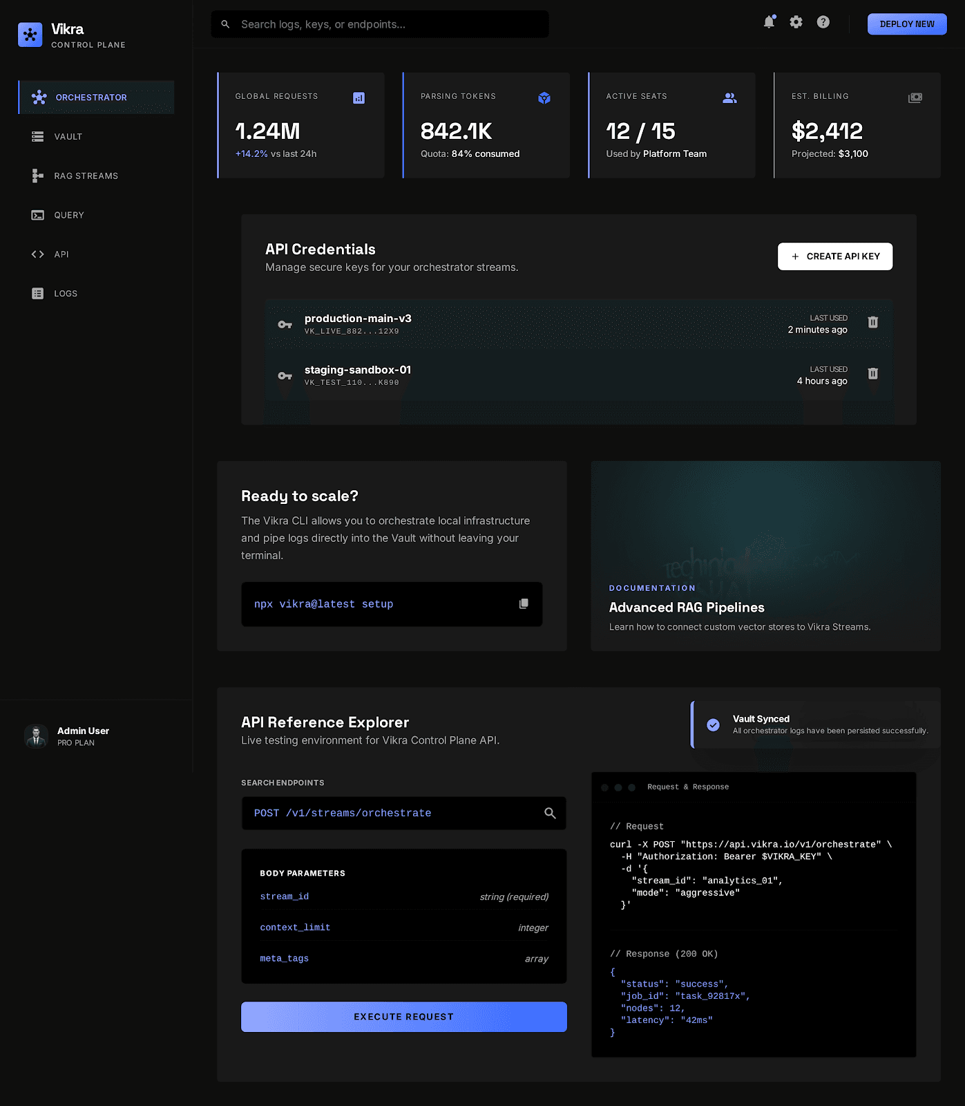 Vika Control Plane Dashboard showing metrics, API credentials, and reference explorer